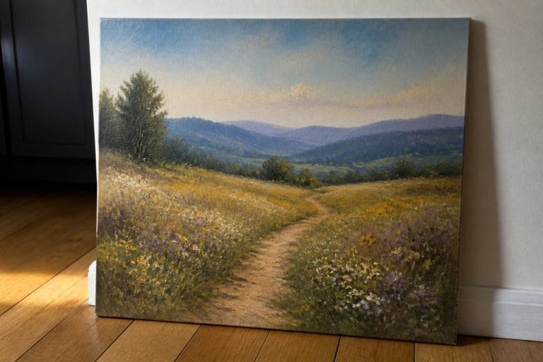 22 Timeless Realistic Oil Painting Landscapes That Feel True to Nature Winding dirt path through wildflower meadow toward misty blue mountains in oil painting.
