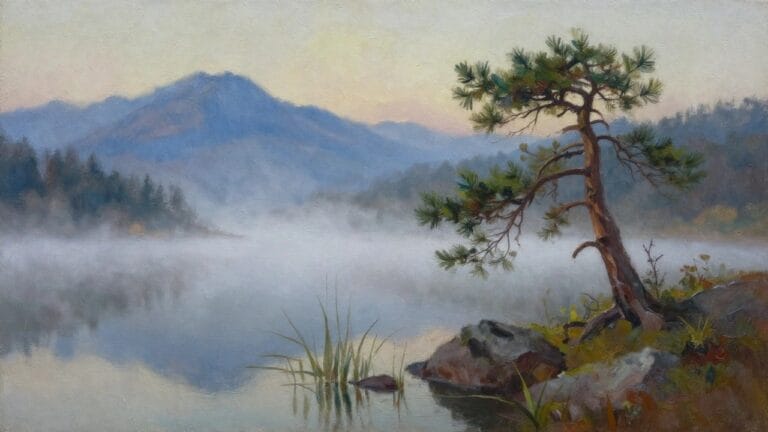 22 Timeless Realistic Oil Painting Landscapes That Feel True to Nature Oil painting of a lone pine tree by a misty mountain lake at dawn