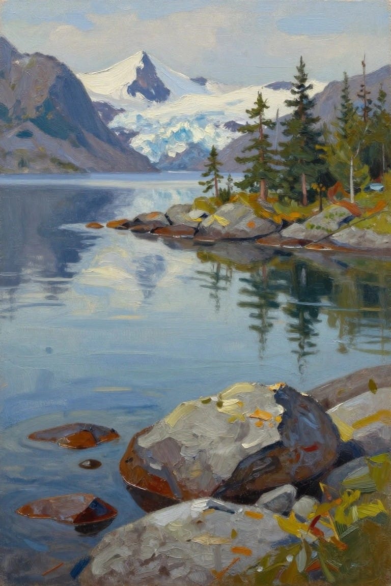 Mountain landscape oil painting of reflective glacial lake with pine trees and rocks