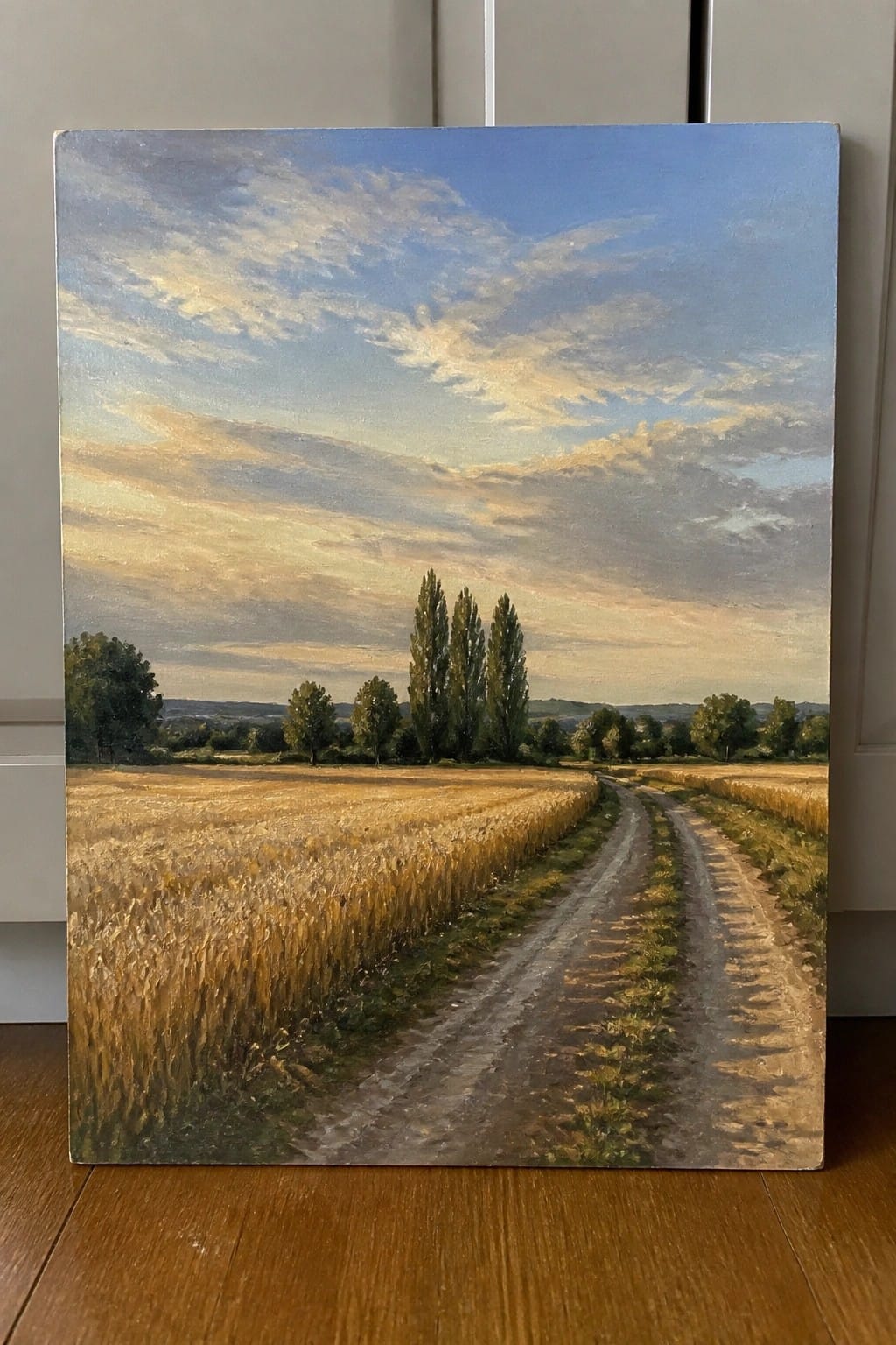 Oil painting of a dirt path through golden wheat fields under a blue cloudy sky with trees.