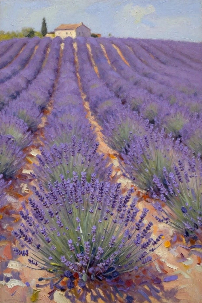 Textured oil painting of purple lavender rows leading to a distant hillside house