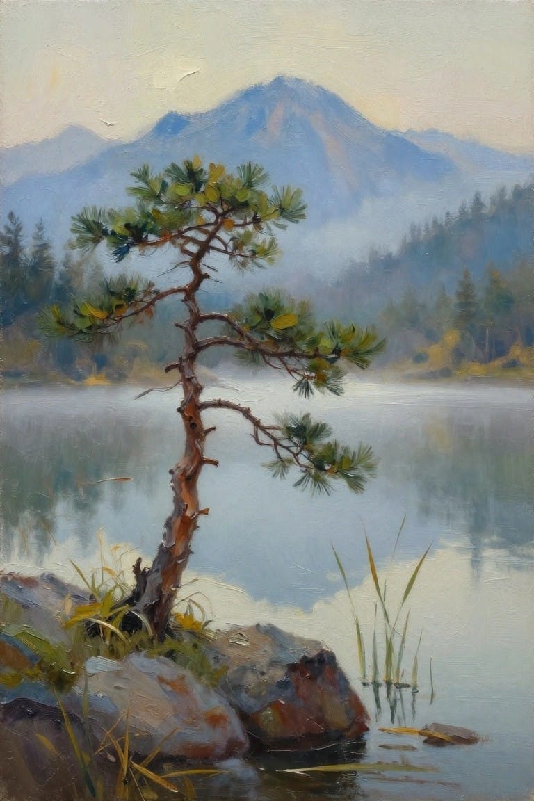 Oil painting of a lone pine tree by a misty mountain lake at dawn