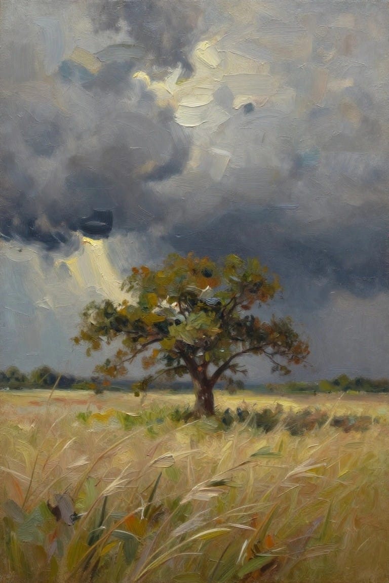 An oil painting of a single tree in a golden field beneath dark stormy clouds with sunlight rays breaking through.