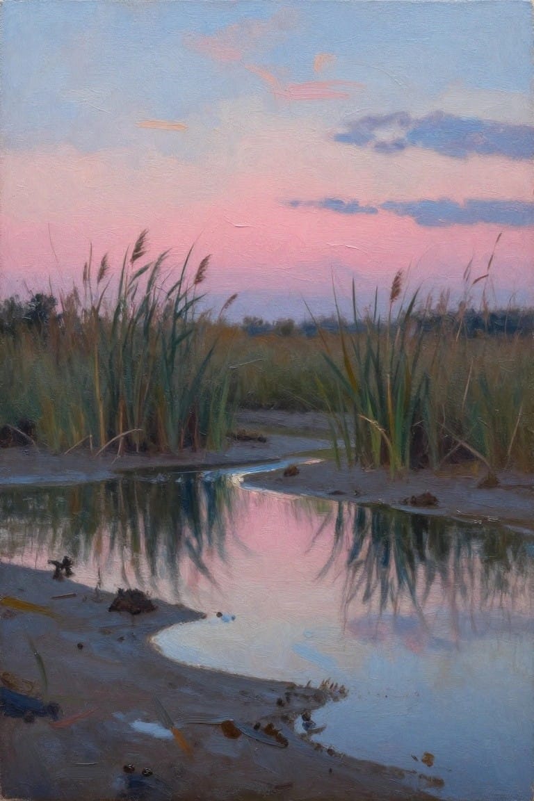 Pink sunset reflecting in calm marsh water amid tall reeds and muddy shore.