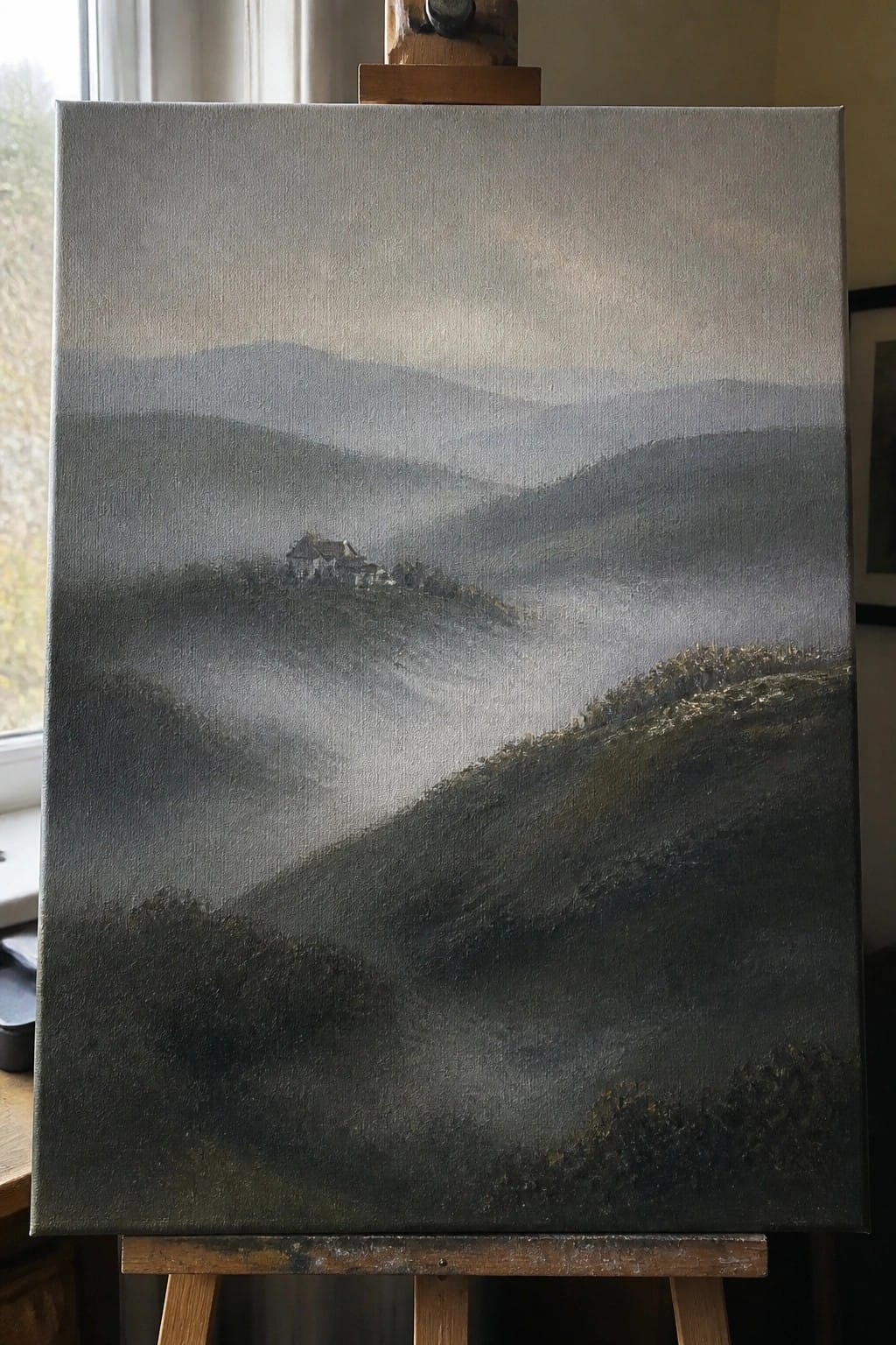 Oil painting of fog-covered hills with a house visible on a distant ridge.