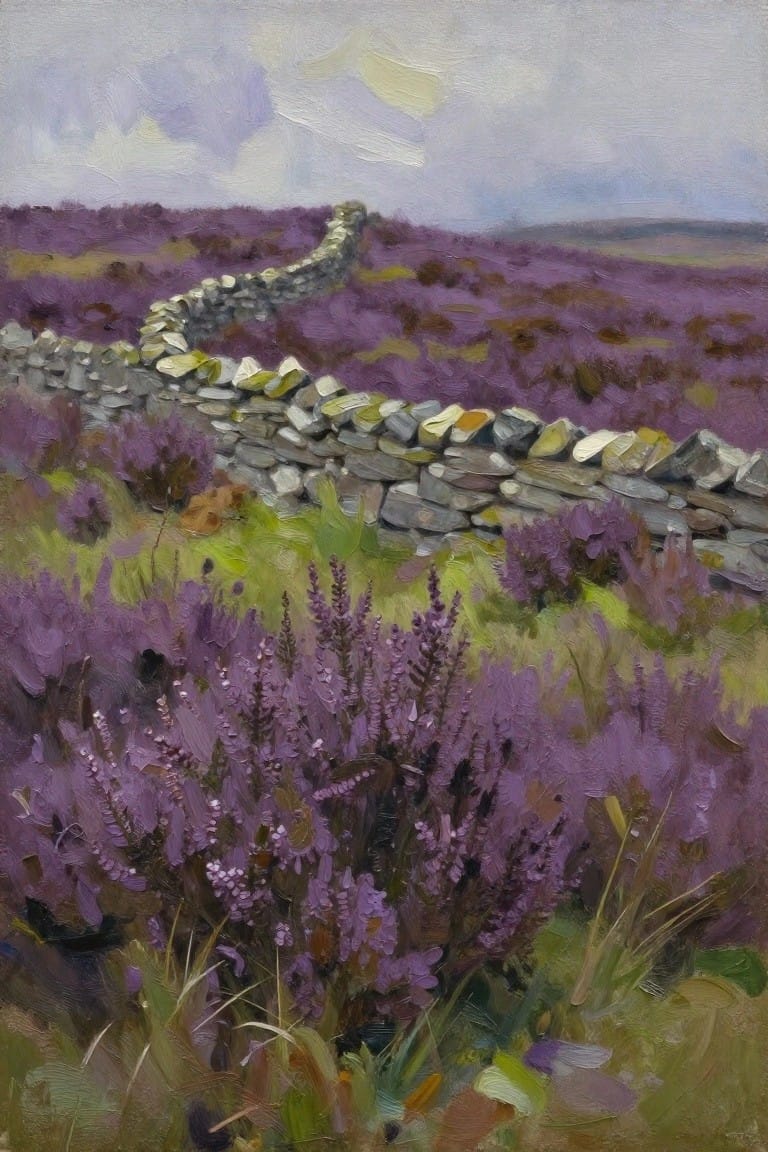 Winding stone wall through blooming purple heather on moorland, oil painting.