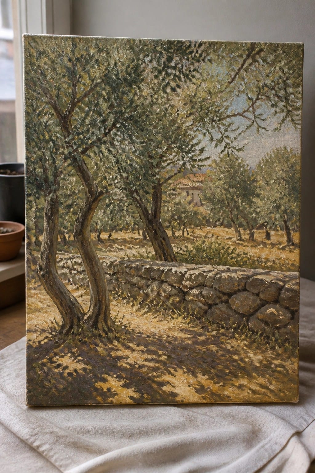 Oil painting of twisted olive trees behind a weathered stone wall in a sunlit grove