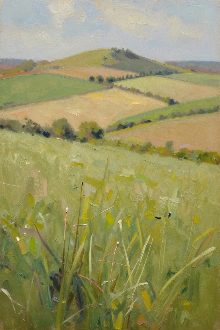 Rolling hills and patchwork fields viewed through tall green grass and wildflowers.