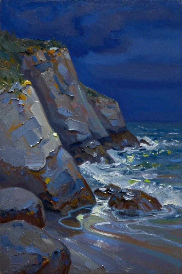 Thickly textured oil painting of cliffs and crashing waves under dark blue sky