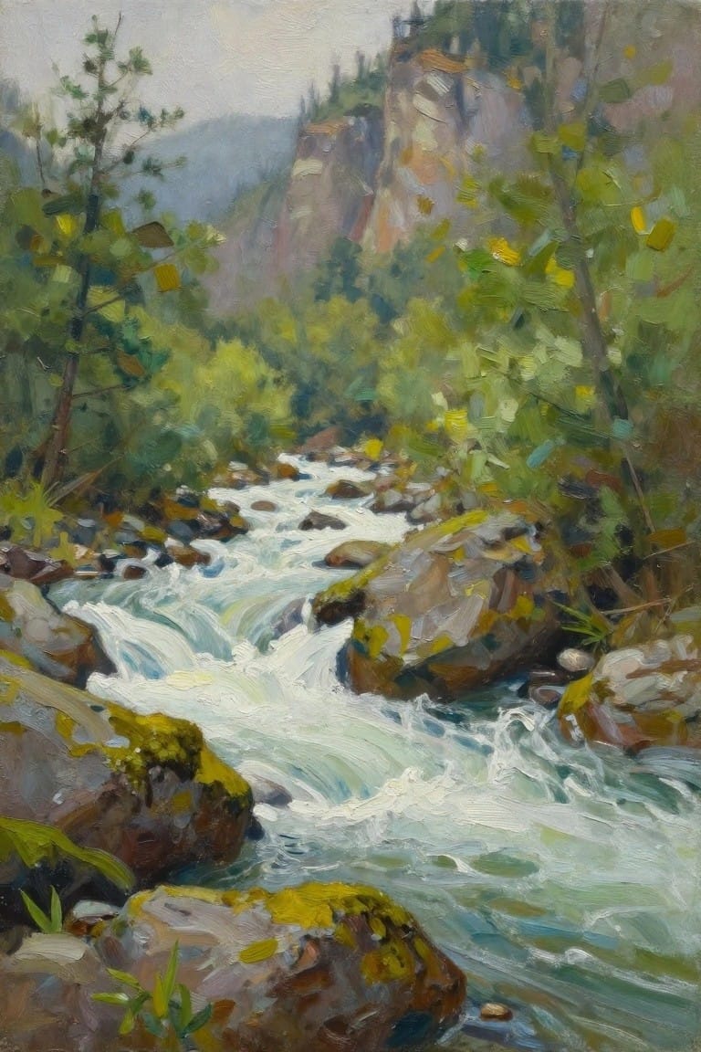 Impressionistic painting of rushing whitewater river amid mossy rocks, cliffs and green trees