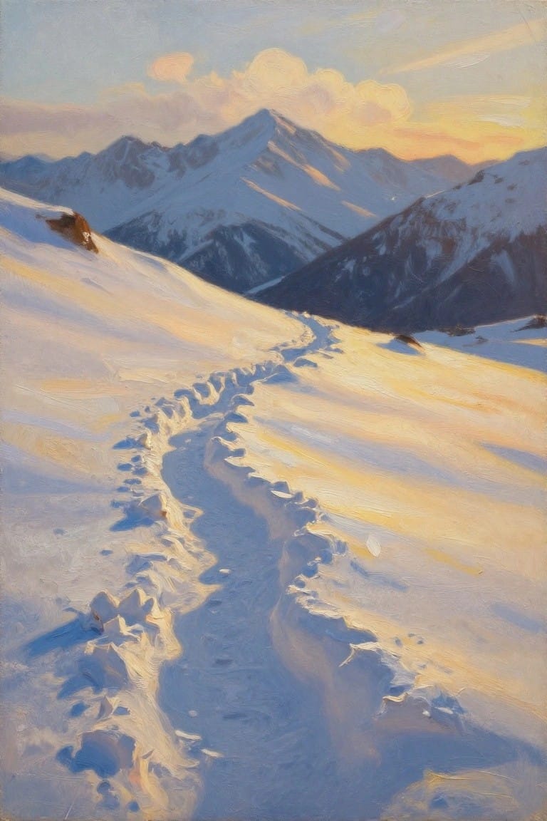 A realistic oil painting of a snowy mountain landscape with a winding path of footprints leading through the snow toward distant peaks under a golden sunset sky.