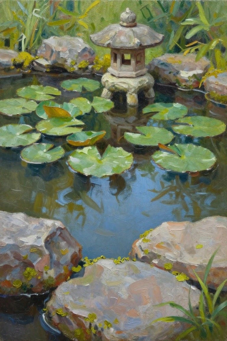 An oil painting depicts a stone lantern standing in a pond covered with green lily pads and bordered by large rocks.