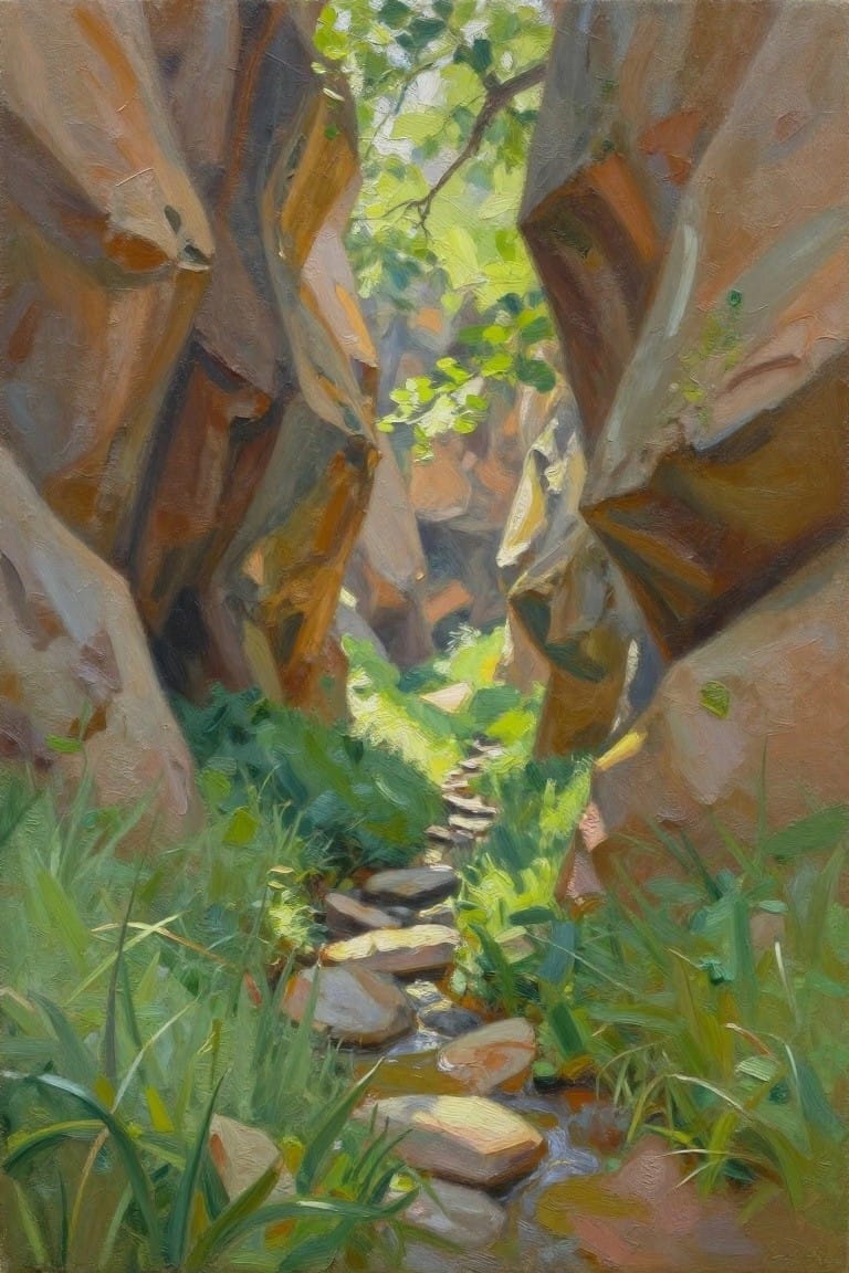 An oil painting of a stone path running through a narrow rocky canyon with green grass and sunlight coming through leaves above.