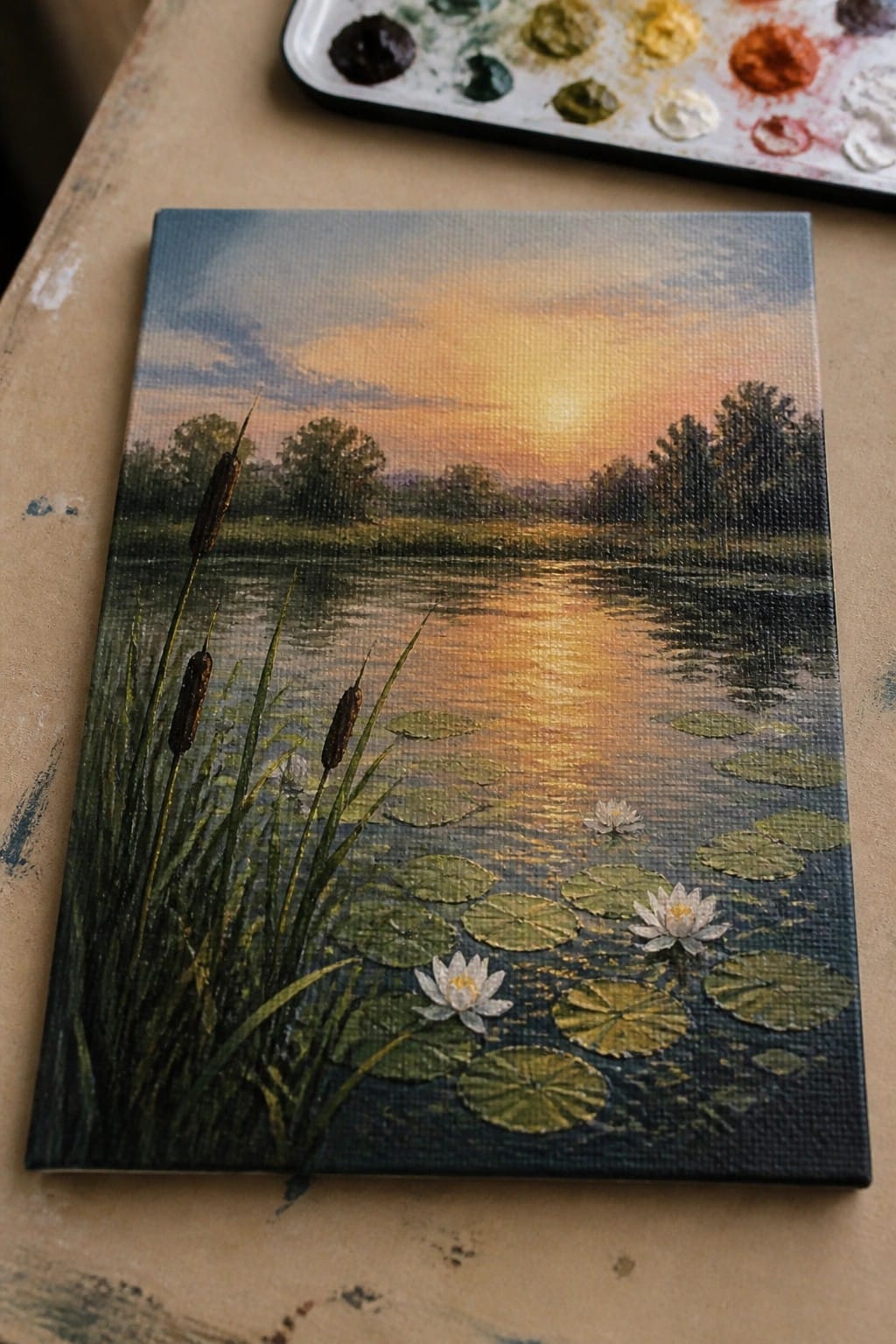 A realistic oil painting of a sunset over a lake with reeds on the left, water lilies and pads in the foreground, trees along the far shore, and a paint palette visible in the upper right corner.