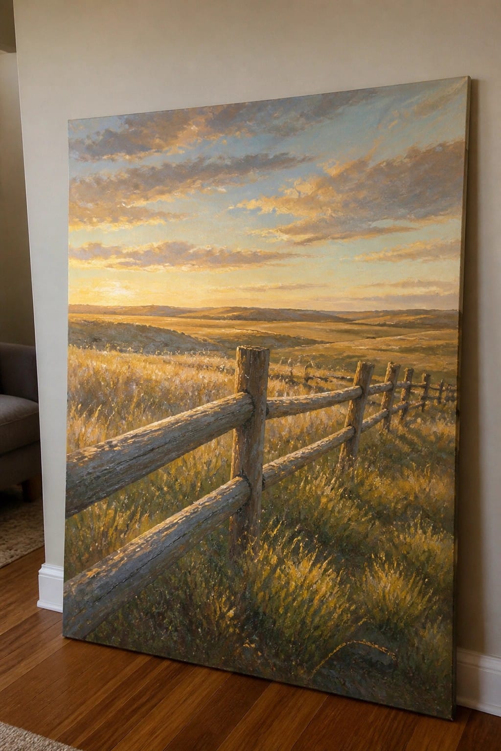 Large oil painting of wooden fence in golden prairie under vibrant sunset sky leaning on wall