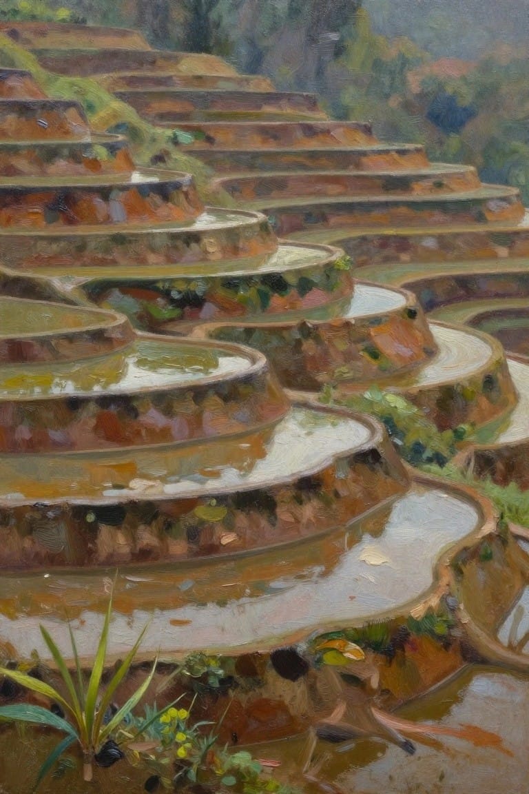 Painted winding terraced rice paddies with reflective water and lush greenery