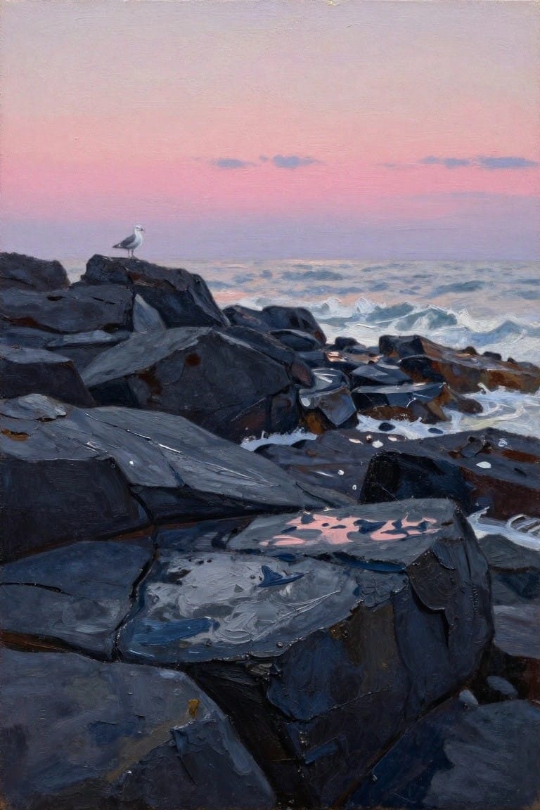 Seagull perched on dark rocks by crashing waves under pink sunset sky