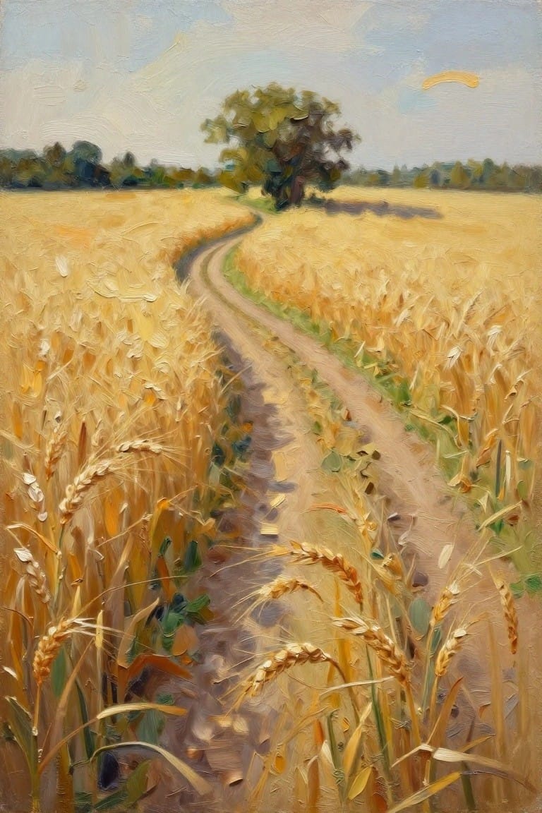 Dirt path winding through golden wheat field toward lone tree under blue sky