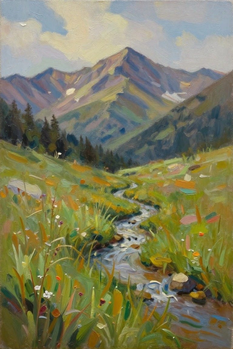 Vibrant oil painting of a winding stream through wildflower meadows and mountains.