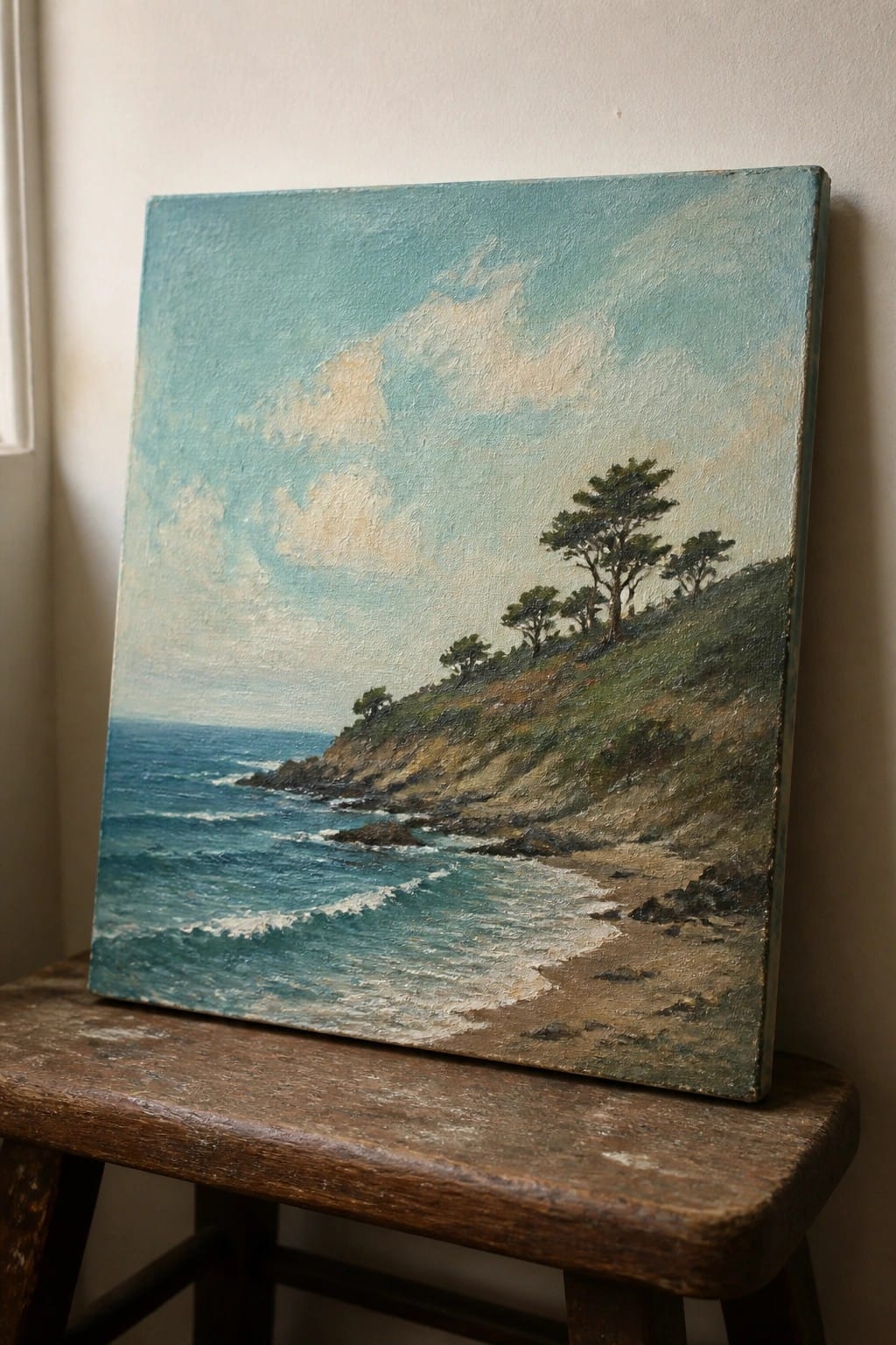 Oil painting of ocean waves on a rocky cliff beach, propped on wooden stool