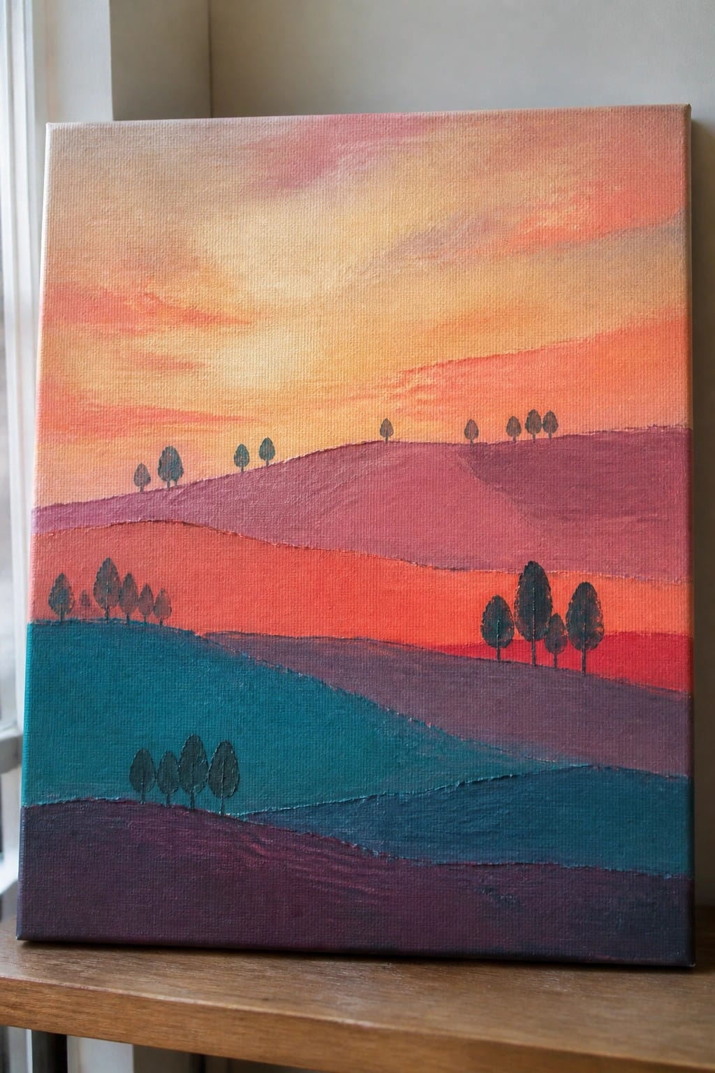 Abstract landscape painting of layered hills with silhouetted trees under vibrant sunset sky on canvas.