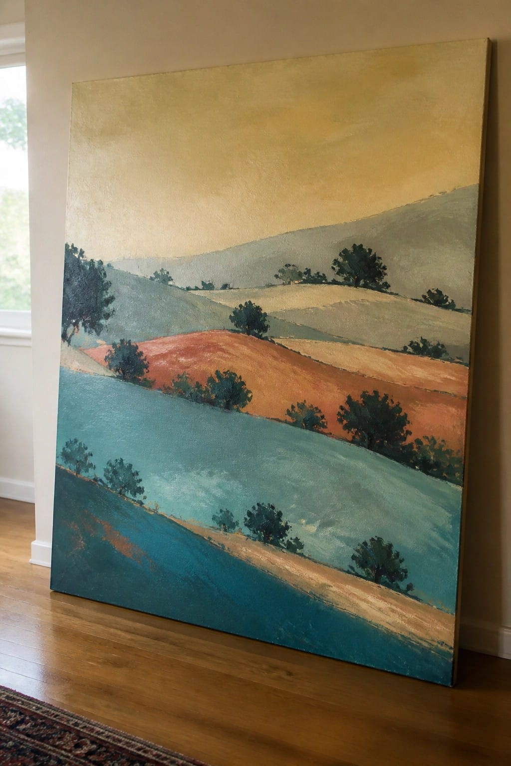 Abstract landscape painting of rolling hills in teal, orange, and beige with trees