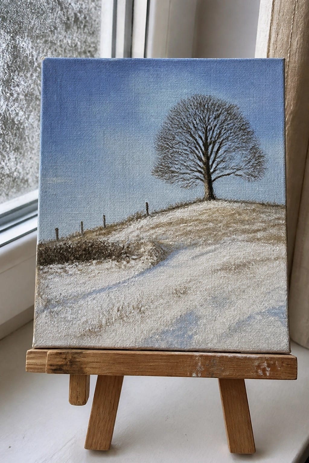 Canvas painting of bare tree on snowy hill with fence under blue sky on easel
