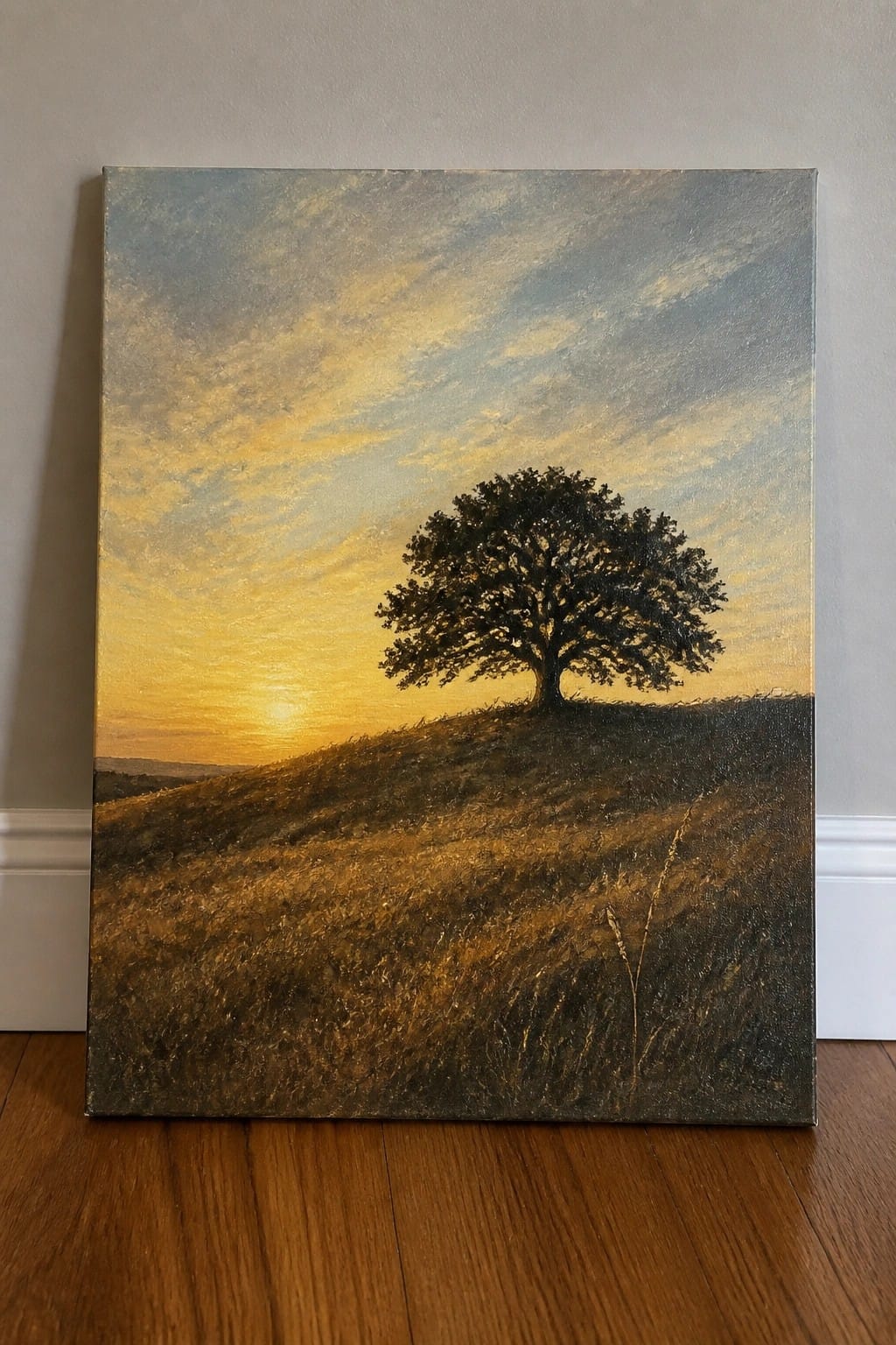 An oil painting of a single dark tree on a hill with a glowing sunset sky over rolling fields.