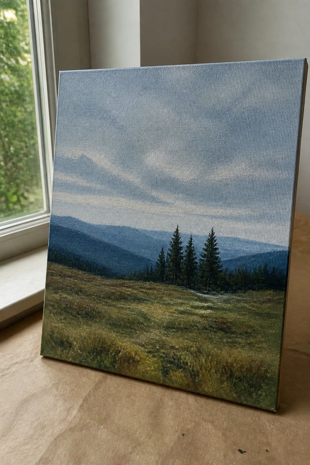 Painting of grassy meadow with pine trees and layered blue mountains under cloudy sky.