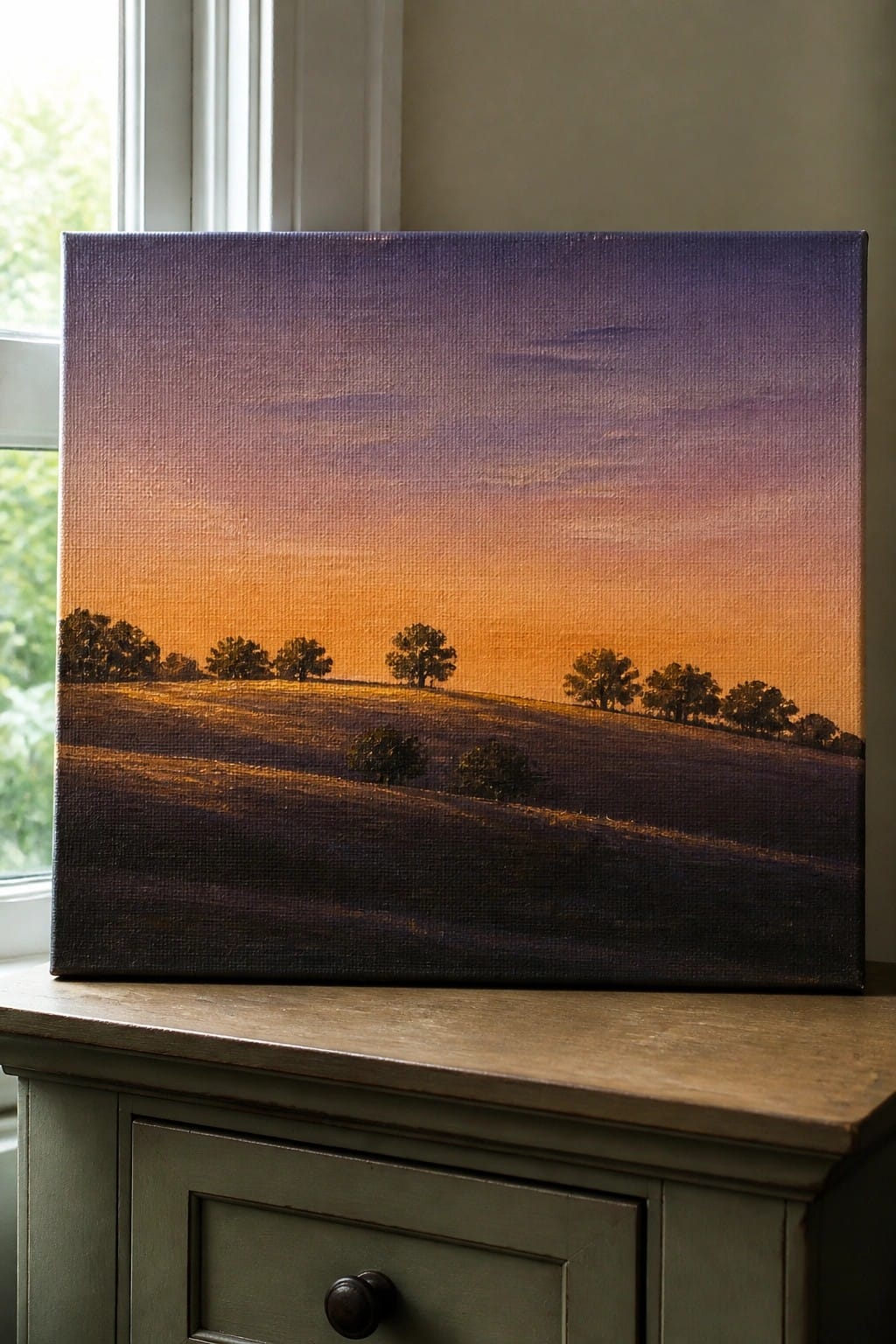 Sunset landscape painting with orange-purple sky on green wooden cabinet