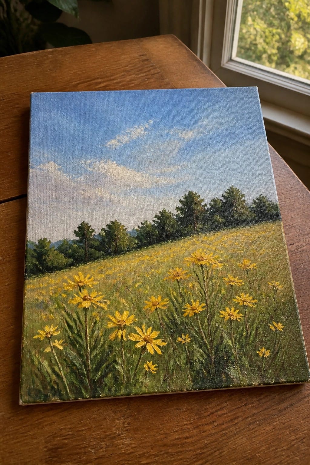 An oil painting of a yellow wildflower field with trees in the background and a blue sky above.
