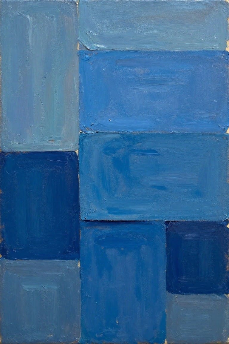 Abstract painting of blue rectangles in varying shades with visible brushstrokes.