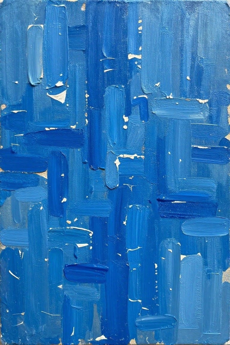 An abstract oil painting composed of thick blue brushstrokes in various shades forming rectangular shapes on a canvas.