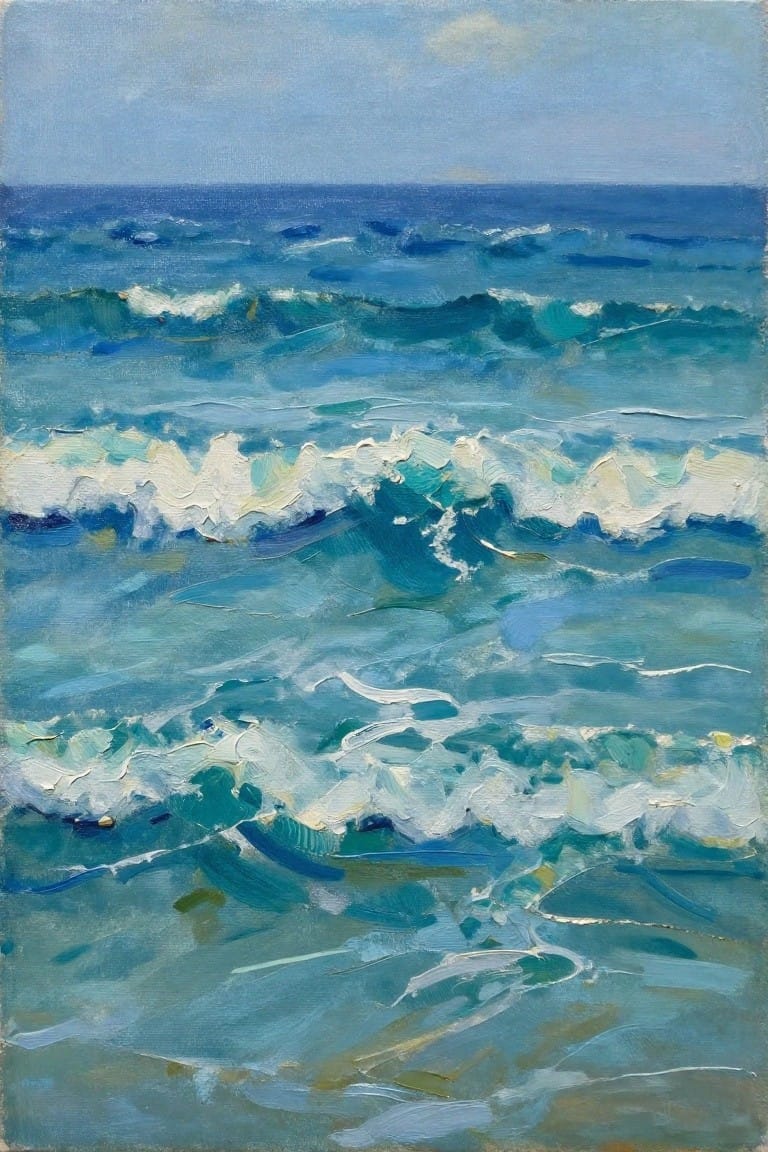 Impressionistic oil painting of blue-green ocean waves with white foam crests