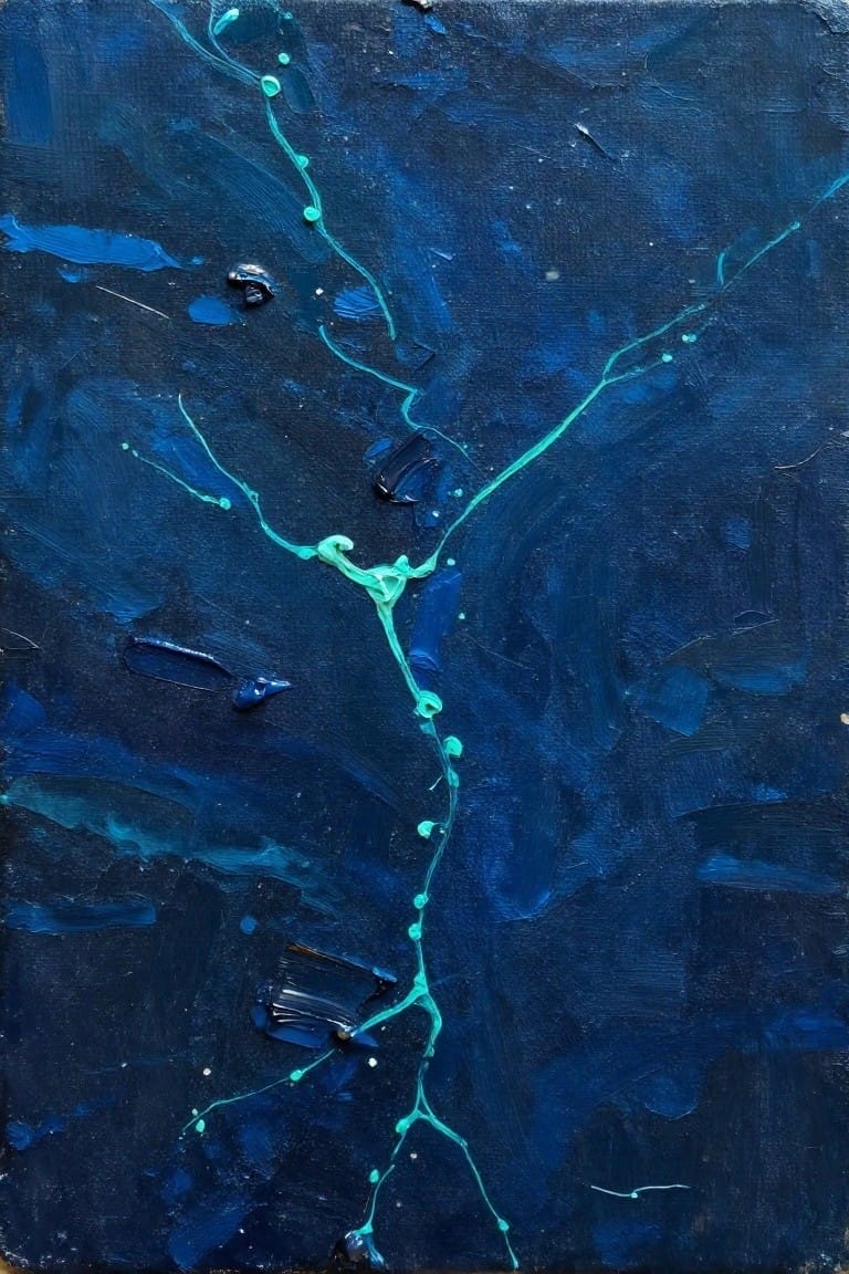 Close-up of an abstract oil painting with a dark blue textured background and thin bright turquoise lines branching across the surface.
