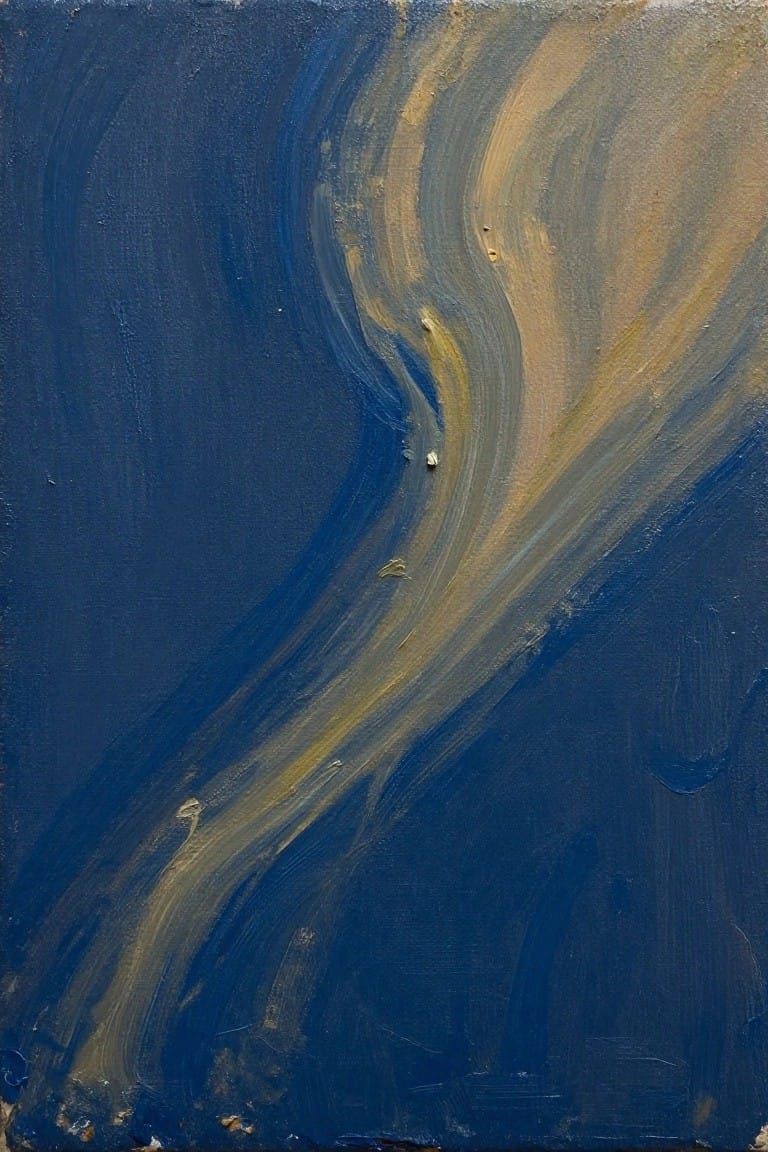 Abstract painting with dark blue background and swirling gold and blue brushstrokes