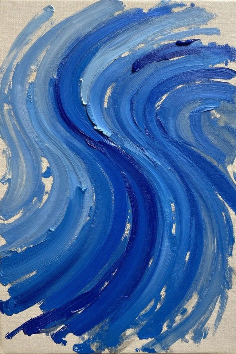 An abstract oil painting with swirling brushstrokes in various shades of blue on a light canvas.