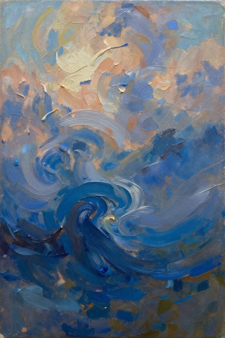 Thickly textured abstract painting of swirling blue waves in warm tones