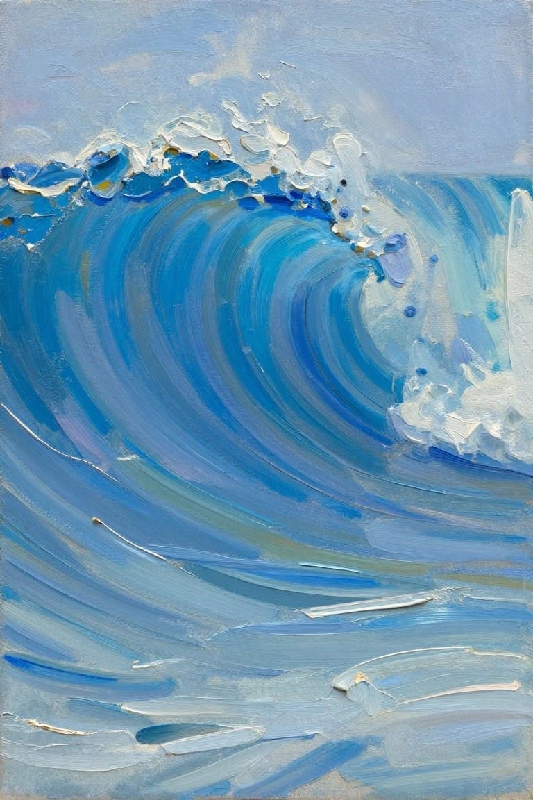 Impasto oil painting of a curling blue ocean wave with white foam splashes