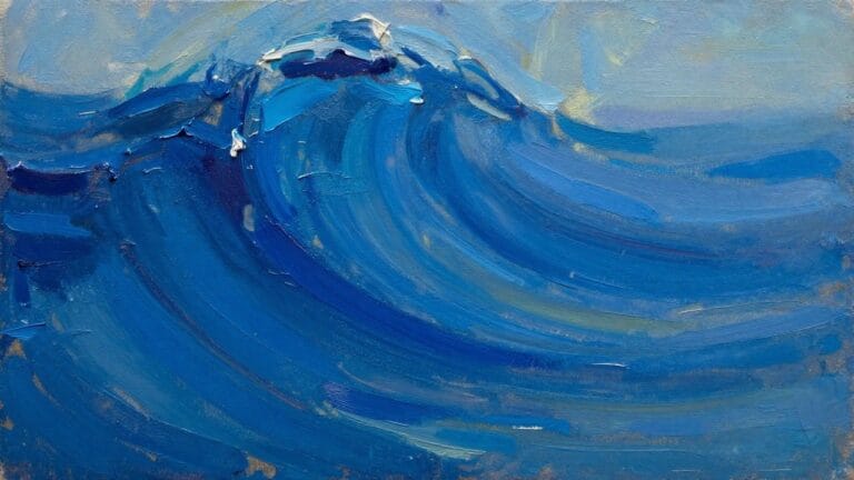 An abstract oil painting with swirling brushstrokes in various shades of blue on a light canvas.