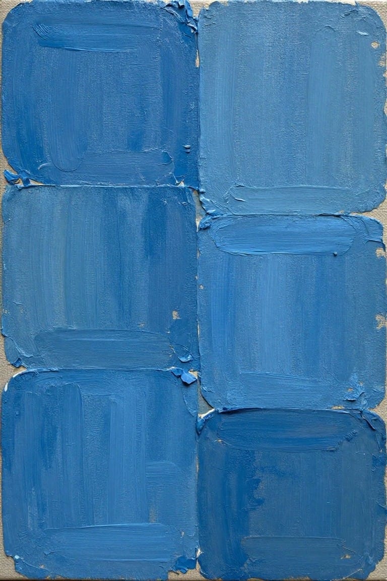 Abstract painting of blue rectangles in varying shades with thick textured brushstrokes.