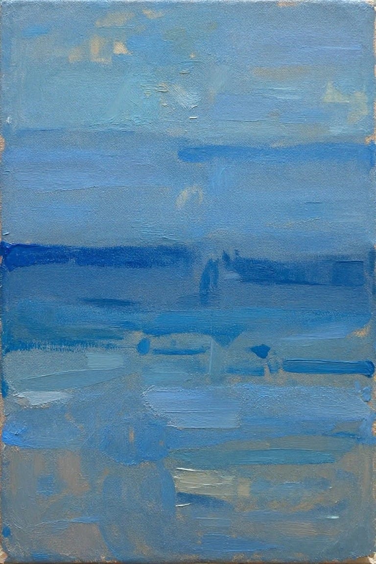Abstract painting with layered blue brushstrokes evoking a calm seascape