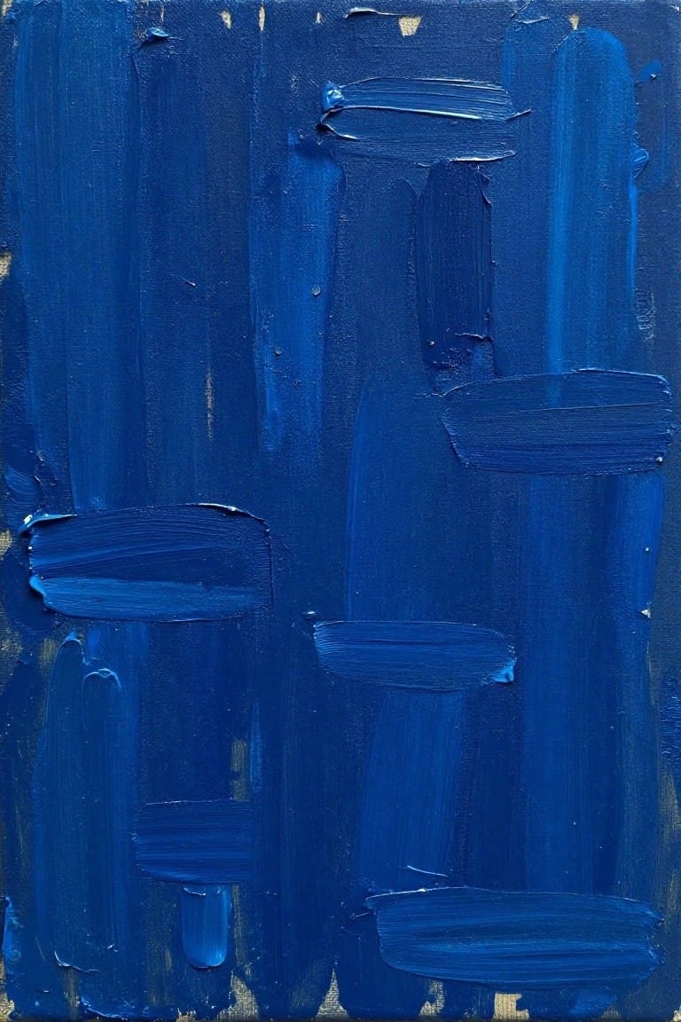 Abstract painting of layered blue brushstrokes in varying shades on canvas