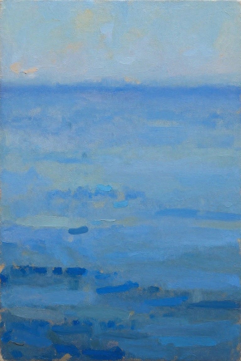Impressionistic seascape painting of layered blue ocean under hazy sky with brushstrokes.
