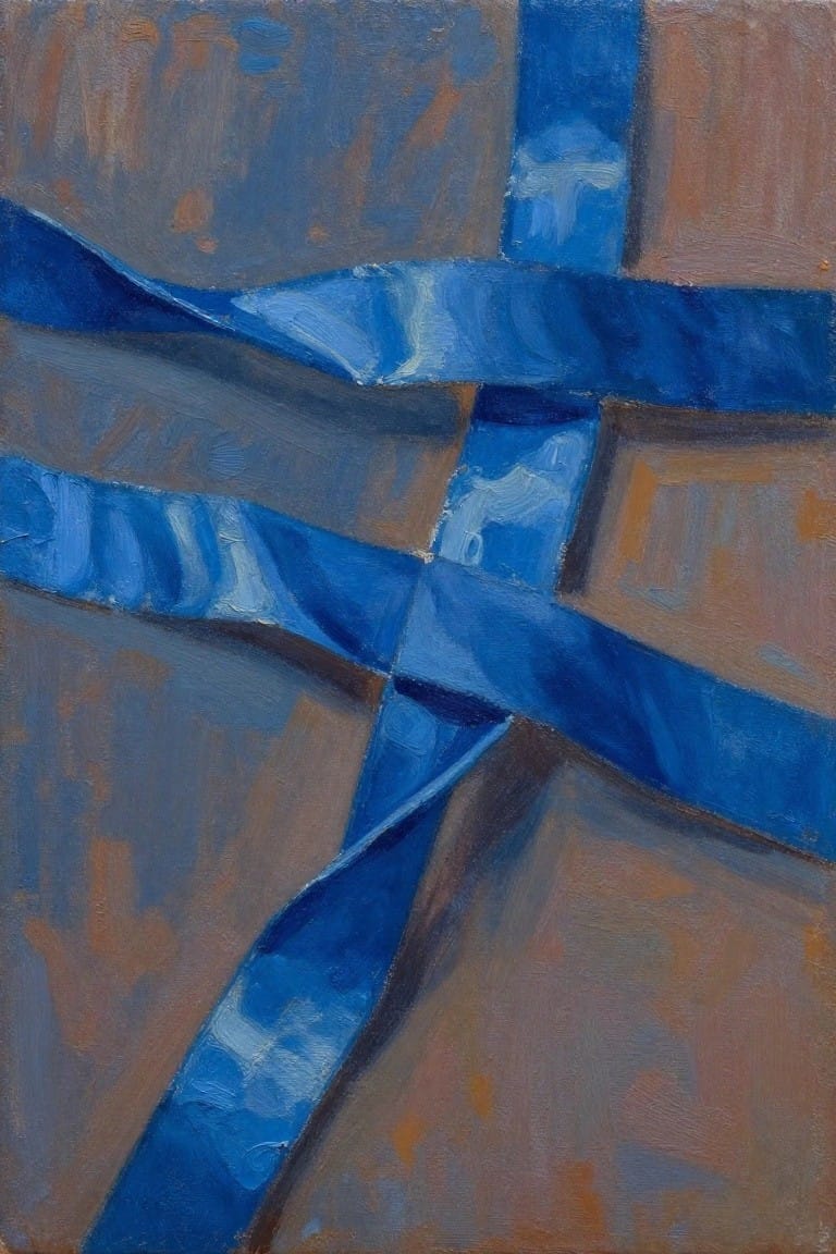 Abstract painting of twisted blue bands over brown geometric shapes