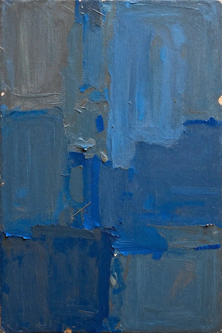 Abstract oil painting with layered blue and gray textured brushstrokes.