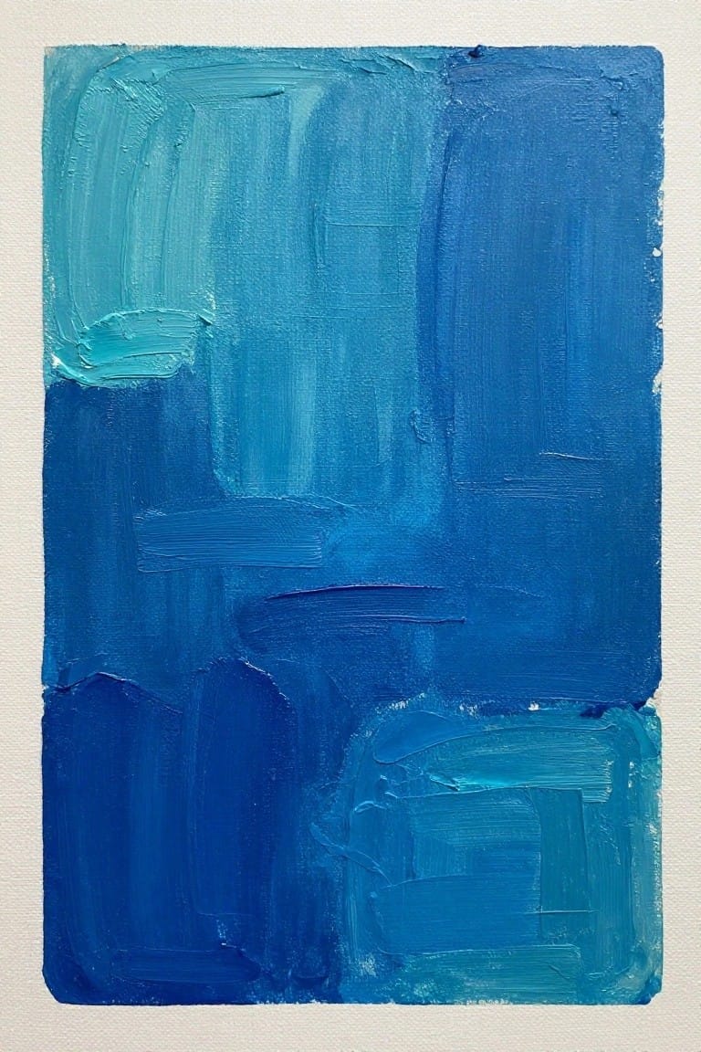 Abstract painting of textured brushstrokes in varying shades of blue on canvas.