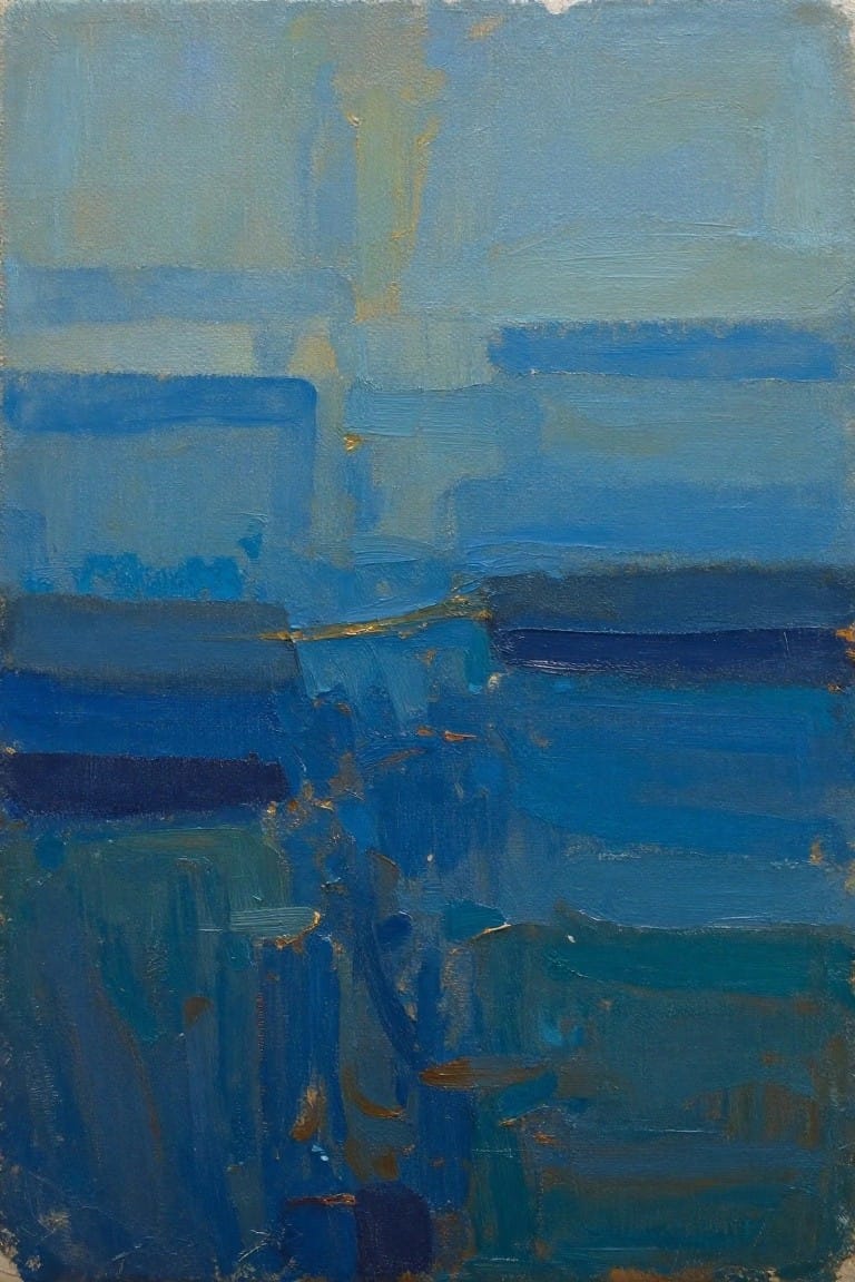 Abstract painting of layered blue brushstrokes with gold accents and textured depth