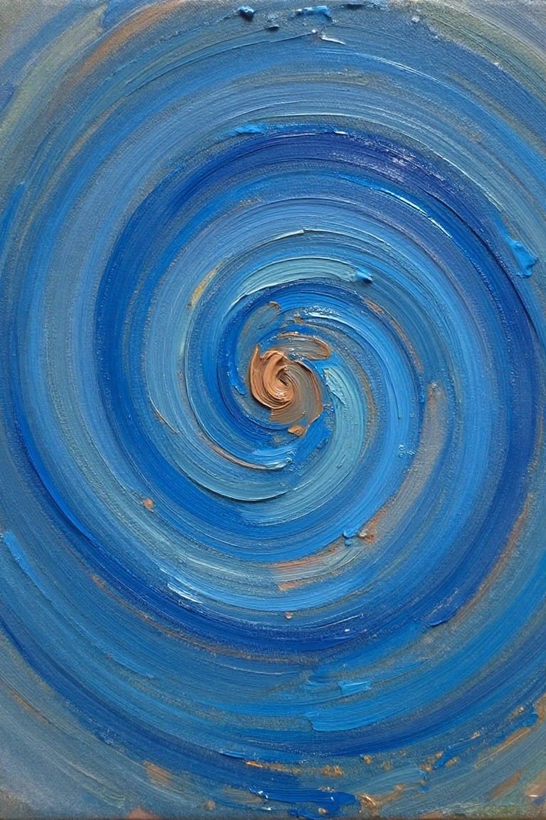 Abstract blue swirl painting with textured brushstrokes and brown central vortex