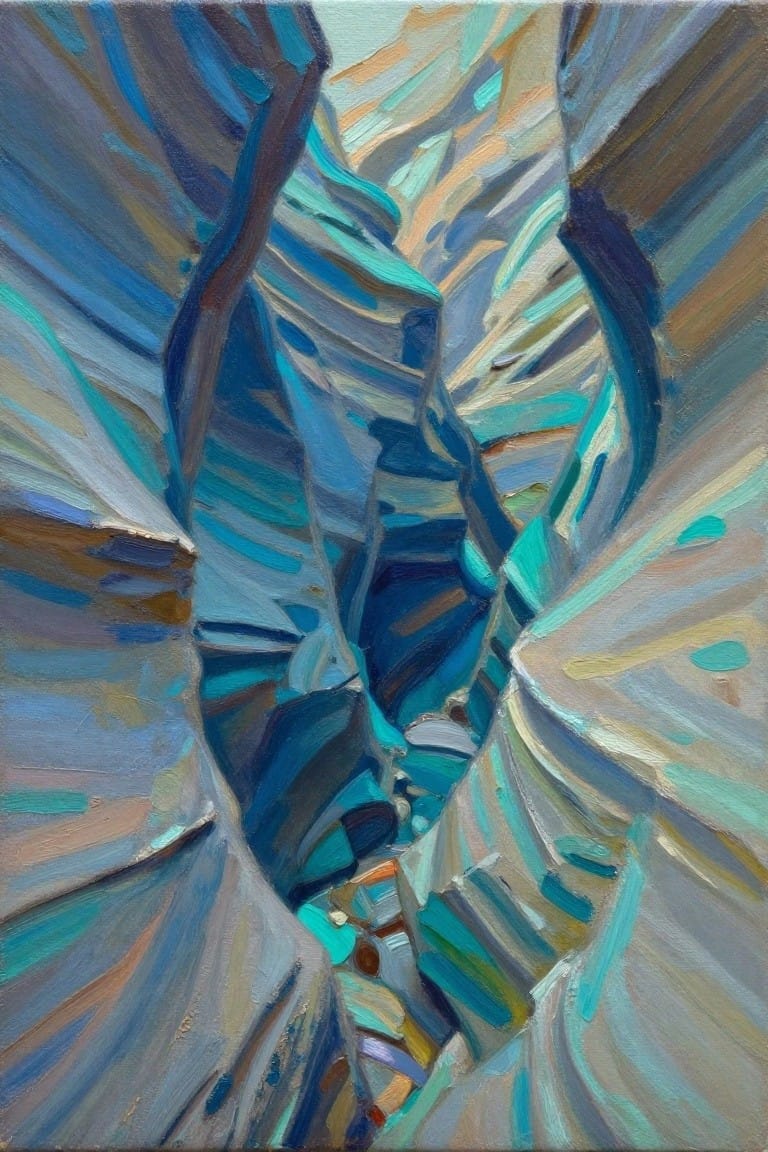 Abstract painting of twisting slot canyon walls in vibrant blues, teals, and browns